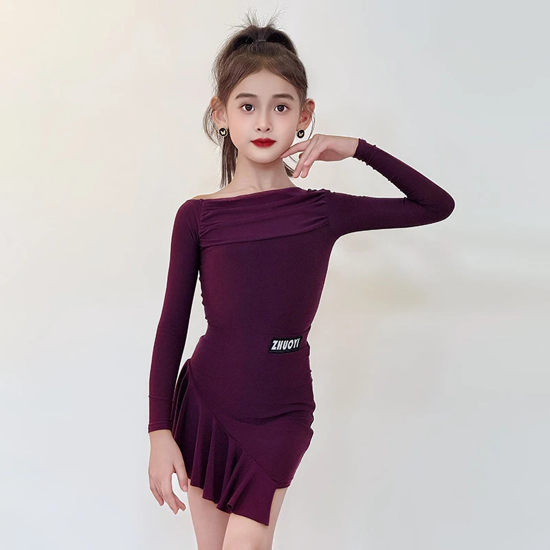 

Детская одежда для латинских танцев, фиолетовый танцевальный костюм с длинными рукавами, тренировочная одежда для выступлений для девочек, тренировочная одежда для румбы, ча-ча, фиолетовый 5011