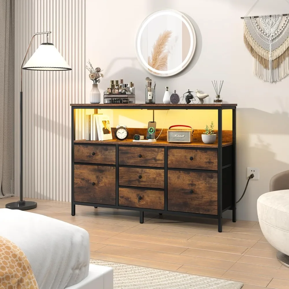 

LED TV Stand for Bedroom, 50 Inch Kids Dresser With Power Outlets, 7 Drawers Entertainment Center With Storage Shelf