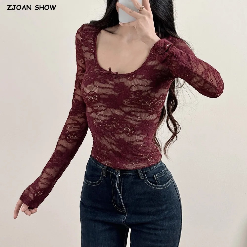 

3 colors New Spring Autumn Sexy Bow O neck Perspective Lace Long Sleeve Tee for Women O neck Crop Top Slim fit T-shirts Winered