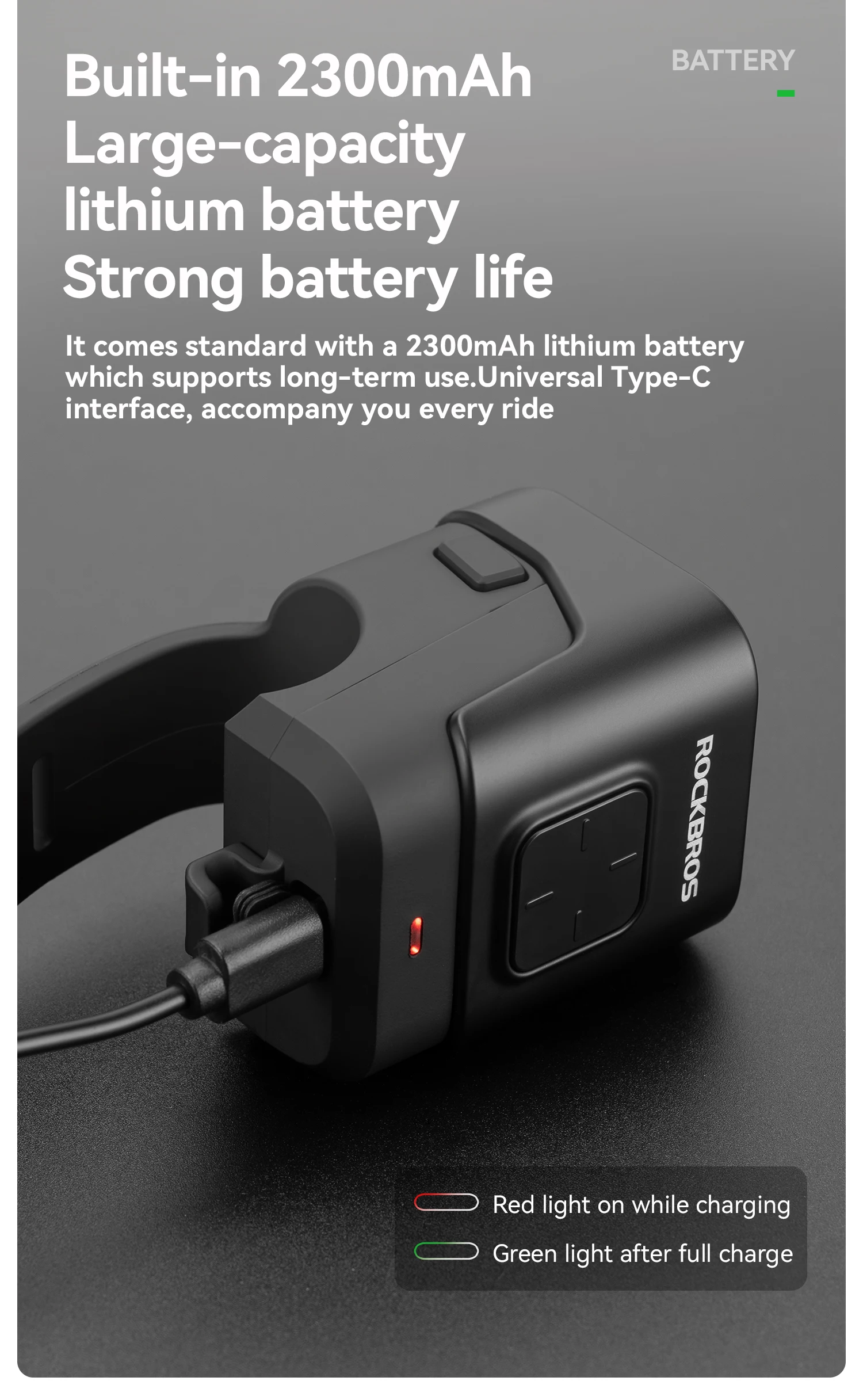 ROCKBROS Bike Horn Light IPX6 Rainproof Type-C Charging 2300mAh Headlight Illuminate Warn Two-in-One Electronic Horn Front Light
