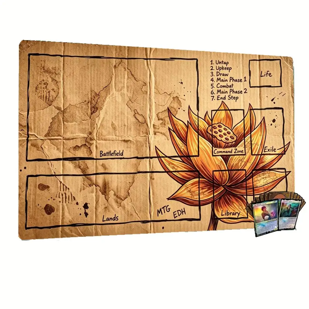 Vintage Paper Style Lotus Pattern Card Game Playmat Non‑Slip Rubber Base for Card Playing Gaming Decor