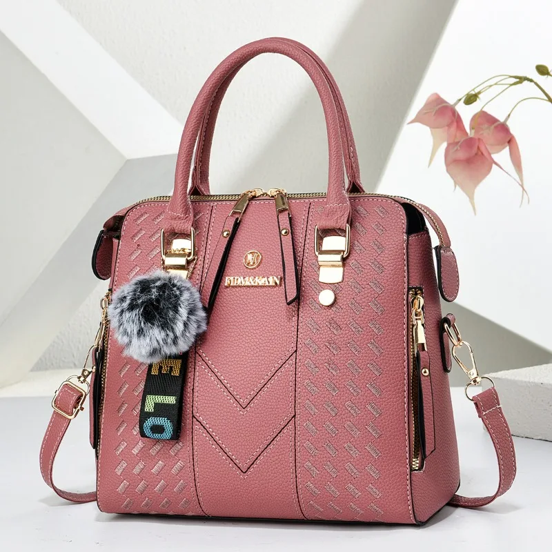 

Large Capacity Women's Handbag 2026 New Style Simple Shoulder Crossbody Embroidered Bag Ball Pendant PU Material Women's Bag
