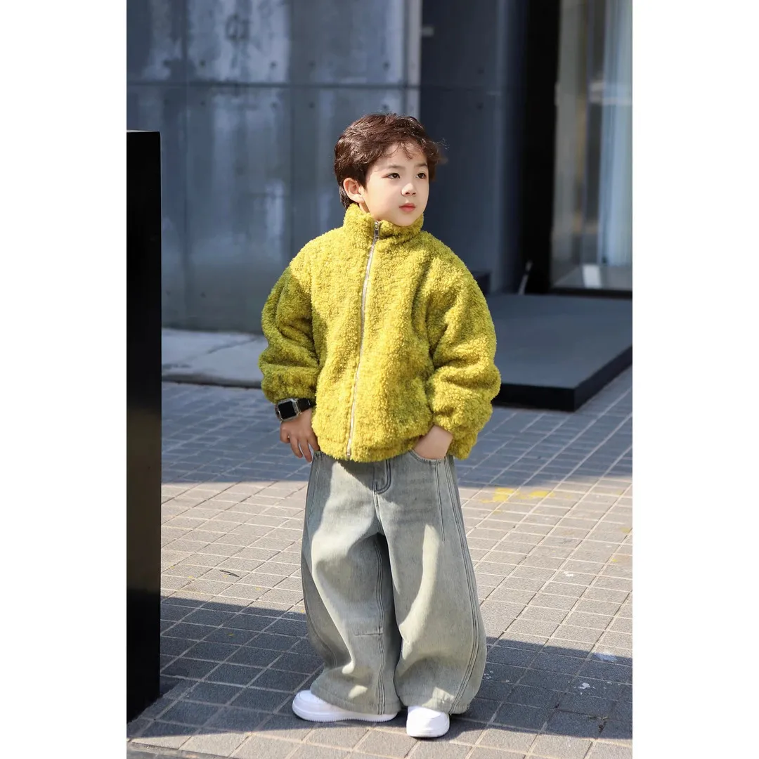 Autumn Winter Kids Set for Boys Fleece Lined Thick Solid Color Zipper Jacket And Denim Pants Two Piece Set