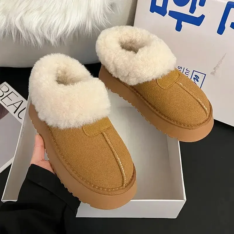 Thickened Fleece-lined Women's Snow Boots 2024 New Winter Flat Shoes Lazy Bread Shoes Warm Cotton Rubber Upper