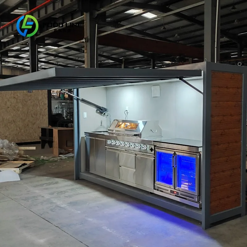 Customized 304 Stainless Steel Outdoor BBQ Kitchen Unit With Fully Closable Protective Shed Multi Size Barbecue Grill Matching