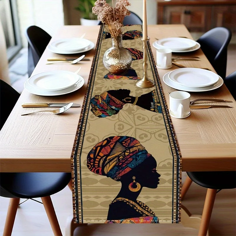 Polyester African Women Silhouette Table Runner | 1pc Rectangle Table Flag for Indoor Outdoor Home Party Kitchen Dining Decor