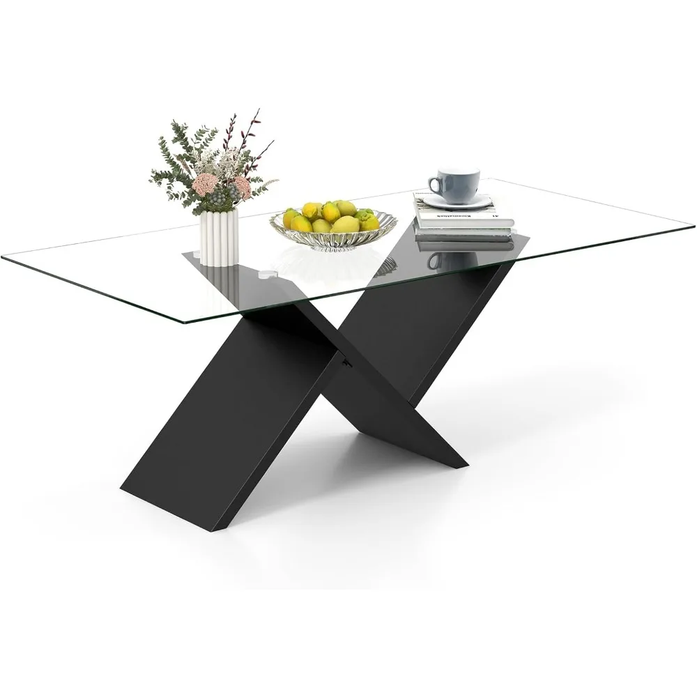 

Rectangle Glass Coffee Table, 47” Modern Center Table with Tempered Glass Tabletop & Geometric Rubber Wood Frame, Versatile Acc