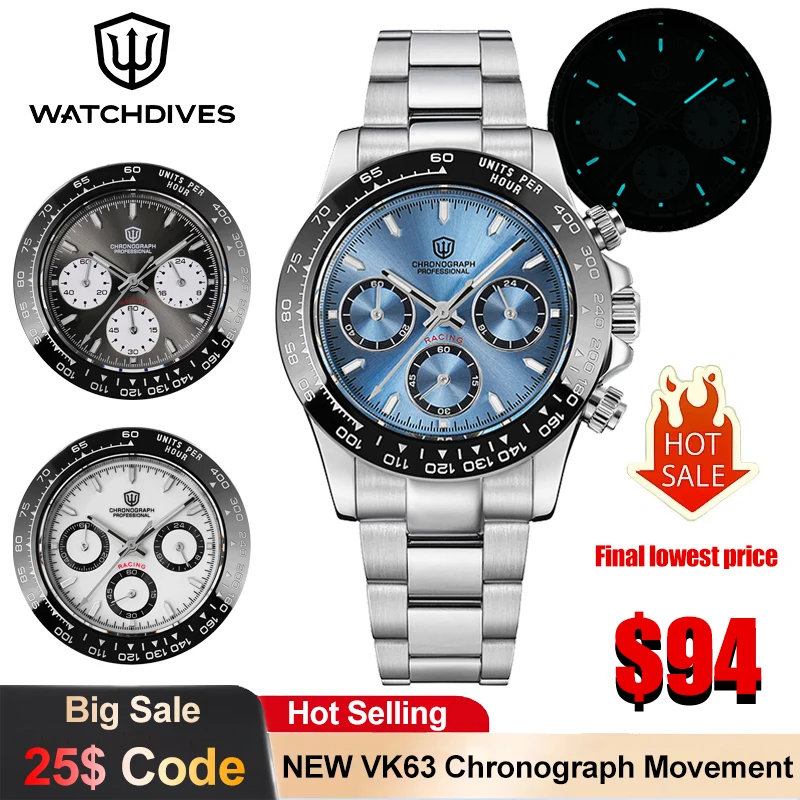 

Watchdives WD16500 V2 Спортивные часы с хронографом VK63 Кварцевый механизм с сапфировым стеклом Мужские часы BGW9 100M Водонепроницаемые часы