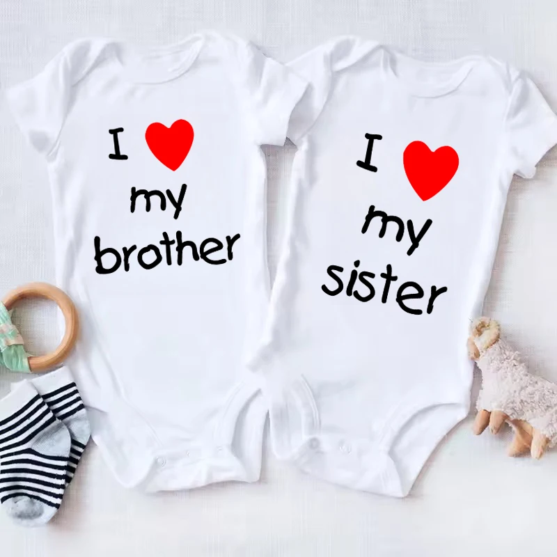 I Love My Sister Brother Twins Baby Short Sleeve Bodysuit Newborn Baby Boys Girls Infant Summer Romper Clothes Jumpsuit Gifts