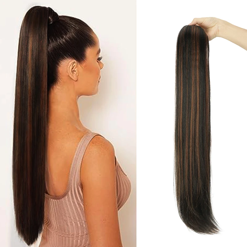 

Long Straight Drawstring Ponytail Ombre Brown Natural Straight Ponytail for Women Synthetic Horse Tail Clip in Hair Extension