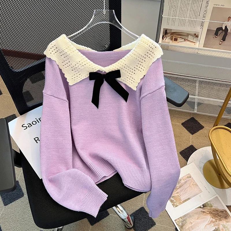 Sweet Peter Pan Collar Sweaters for Women Kawaii Bow All Match Drop Sleeve Pullover Autumn Winter Korean Fashion Cozy Loose Tops