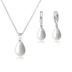 925 Sterling Silver Color Pearl Pendant Necklace Loop Hoop Earrings White Teardrop Women Girls Wedding Party Nice Gifts