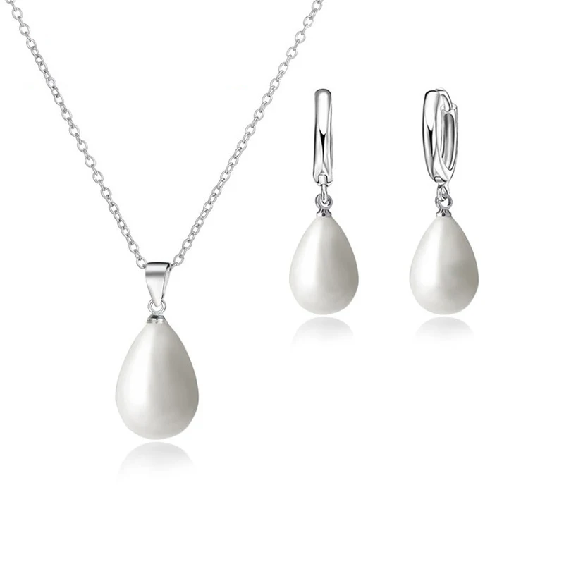 925 Sterling Silver Color Pearl Pendant Necklace Loop Hoop Earrings White Teardrop Women Girls Wedding Party Nice Gifts