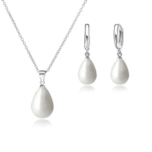 925 Sterling Silver Color Pearl Pendant Necklace Loop Hoop Earrings White Teardrop Women Girls Wedding Party Nice Gifts