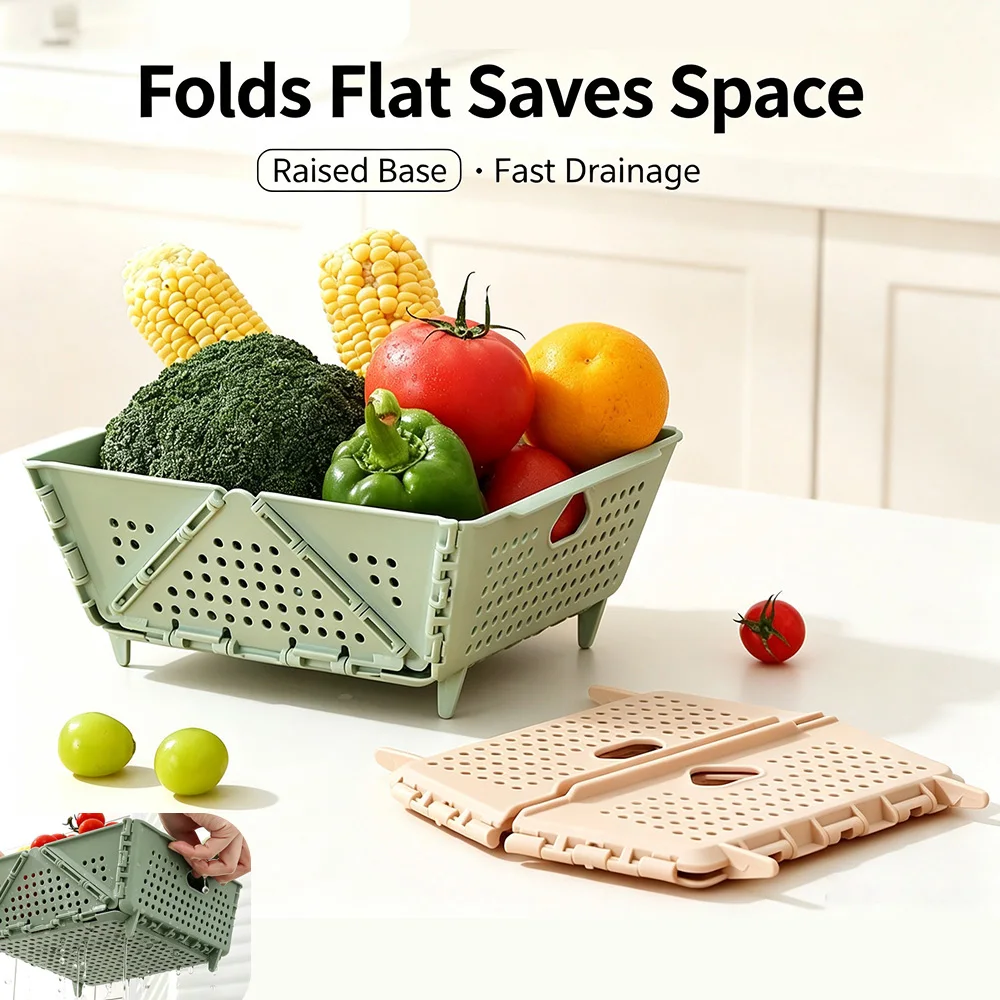 Foldable Fruit Vegetable Drain Basket Food Grade PP Kitchen Storage Colander Dishwasher Safe 360° Even Drainage