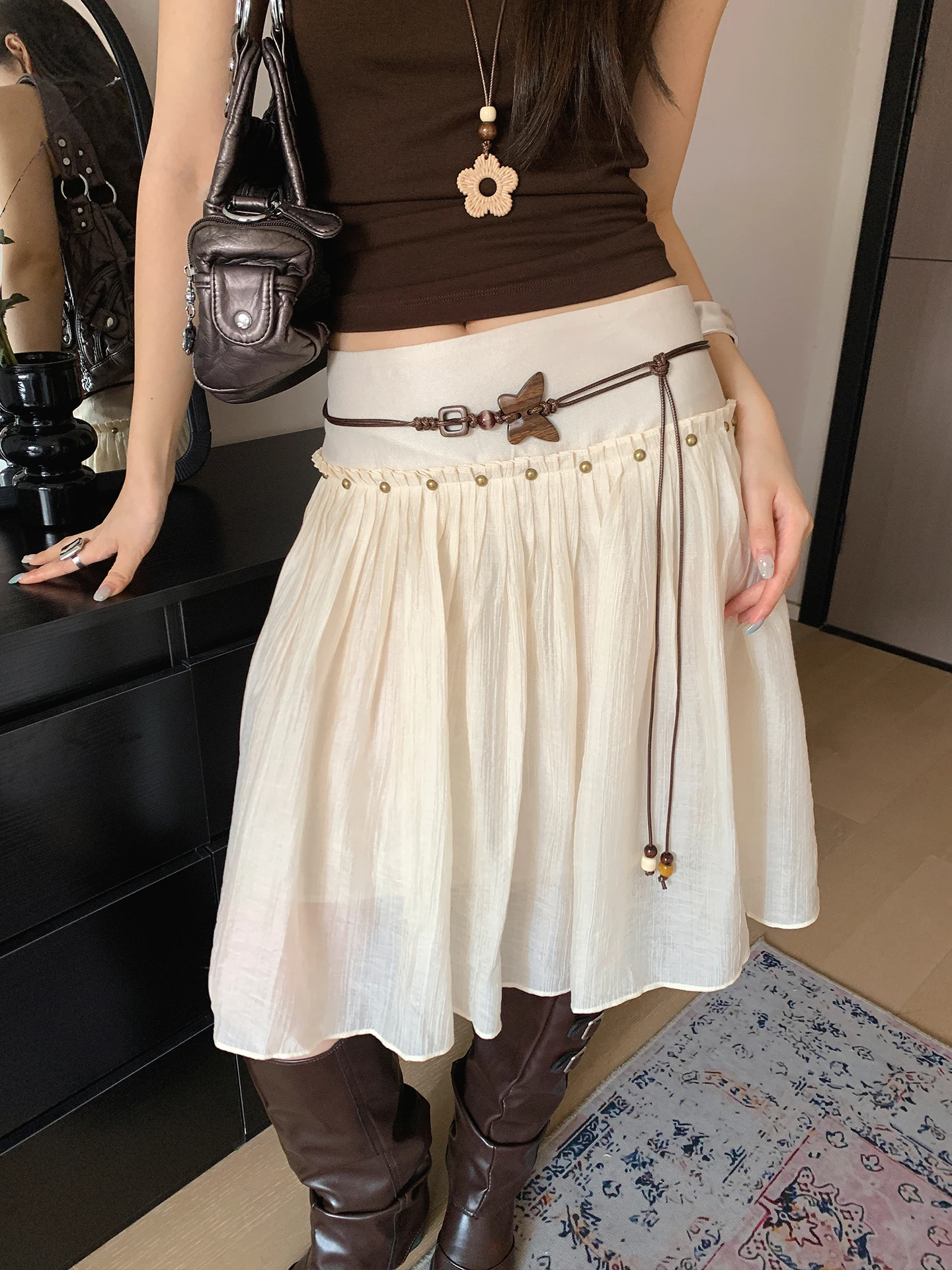 Vintage Bohemian Style Wooden Butterfly Beaded Waist Rope Belt Women's Handmade Woven Waist Chain