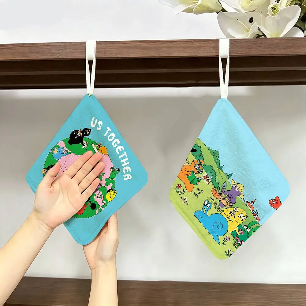 Cute Cartoon Les Barbapapa Hanging Kitchen Towel, Polyester Cotton Fabric, Absorbent Hand Wiping Towel for Home Dormitory