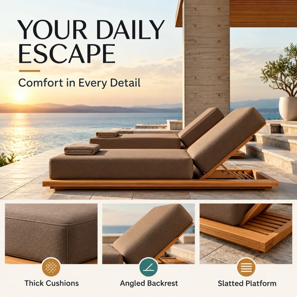 Modular Solid Teak Poolside Sun Lounger, UV Protection Cushion, Outdoor Sunbed for Patio Garden