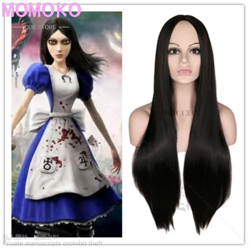 Anime Game Alice Madness Returns Cosplay Costume Halloween Synthetic Wig For Women Anime Girls Party Black Straight Free Wig Cap