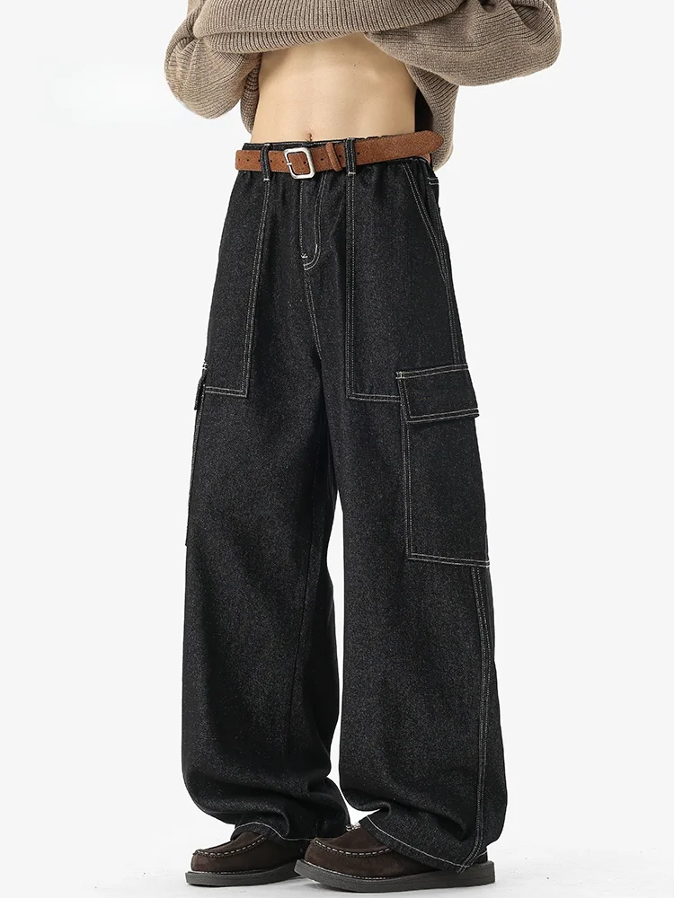 

MMOPTOP American Style Casual Workwear Jeans Men's Multi-Pocket Open-Leg Straight Loose Fit High Street Fashion Cotton