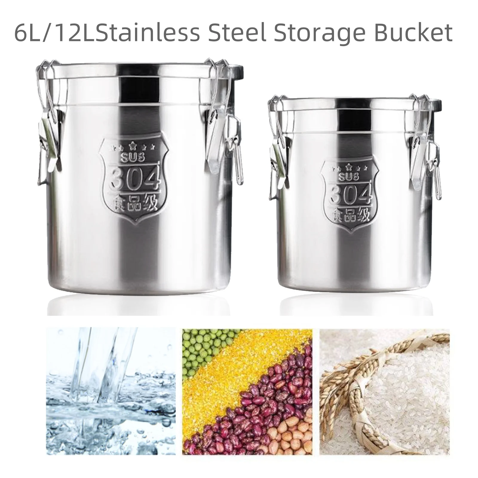 6L/12L Stainless Steel Cereal Container Kitchen Rice Oil Milk Storage Canister Airtight Bucket w/Handles+Lid+Locking Clamp