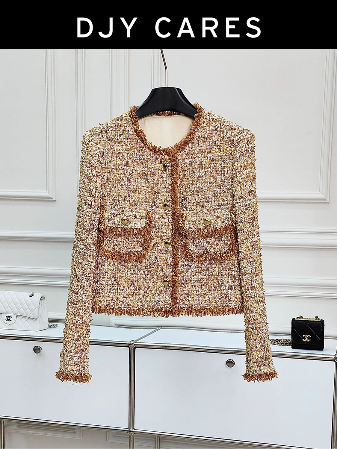 

New Coarse tweed flower bud yellow fashionable jacket tassel top big size