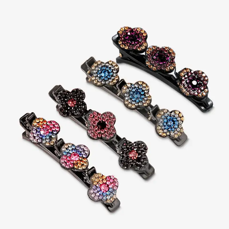 Sparkling Crystal Stone Braided Hair Clips Four Leaf Clover Hair Clips Chopped Hairpin Duckbill Clip Braided for Women Girls 1pc