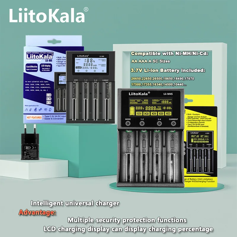 LiitoKala Lii-M4 M4S 18650 Charger LCD Display Universal Smart Charger 26650 18650 21700 AA AAA and Other Test Capacities