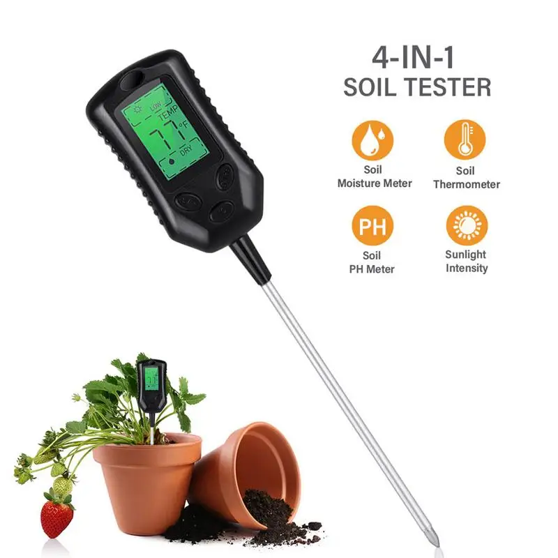 

Digital 4 In 1 Soil PH Meter Moisture Monitor Temperature Sunlight Tester for Gardening Plants Farming with Blacklight