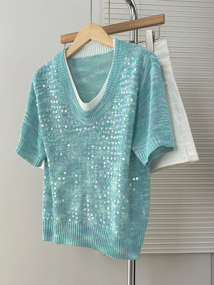 

Модный комплект из двух предметов: синяя трикотажная футболка с коротким рукавом из ледяного шелка и белые шорты для женщин, летний тонкий трикотажный наряд