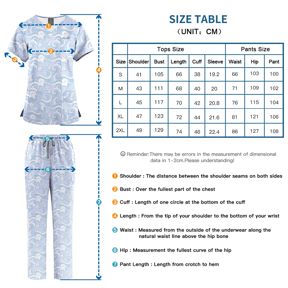 Surgical Uniforms Woman Printing Blouse Pockets Pants Medical Scrub Set Beauty Salon Workwear Clinical Scrubs Top+Pants Spa Suit