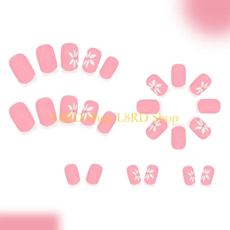 L8RD スクエアプレスオンネイル フレンチチップ フェイクネイル フルカバー フラワーデザイングリッター付きフェイクネイル 人工アクリルネイル