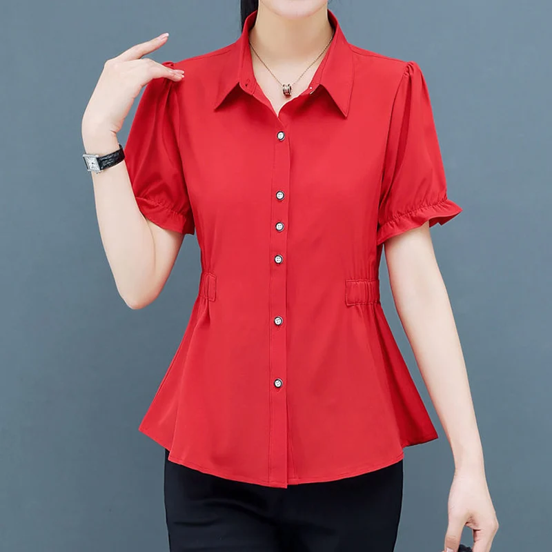 Office Lady Solid Folds Button Chiffon Shirt Summer 2023 Polo-Neck Short Flare Sleeve Slim Tunic All-match Tops Women\'s Clothing