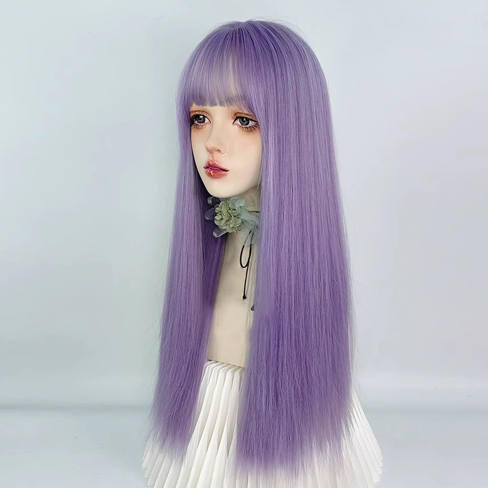 VICWIG Synthetic Long Straight Purple Lolita Cosplay Wig with Bangs Fluffy Women Hair Heat Resistant Wig for Daily Party