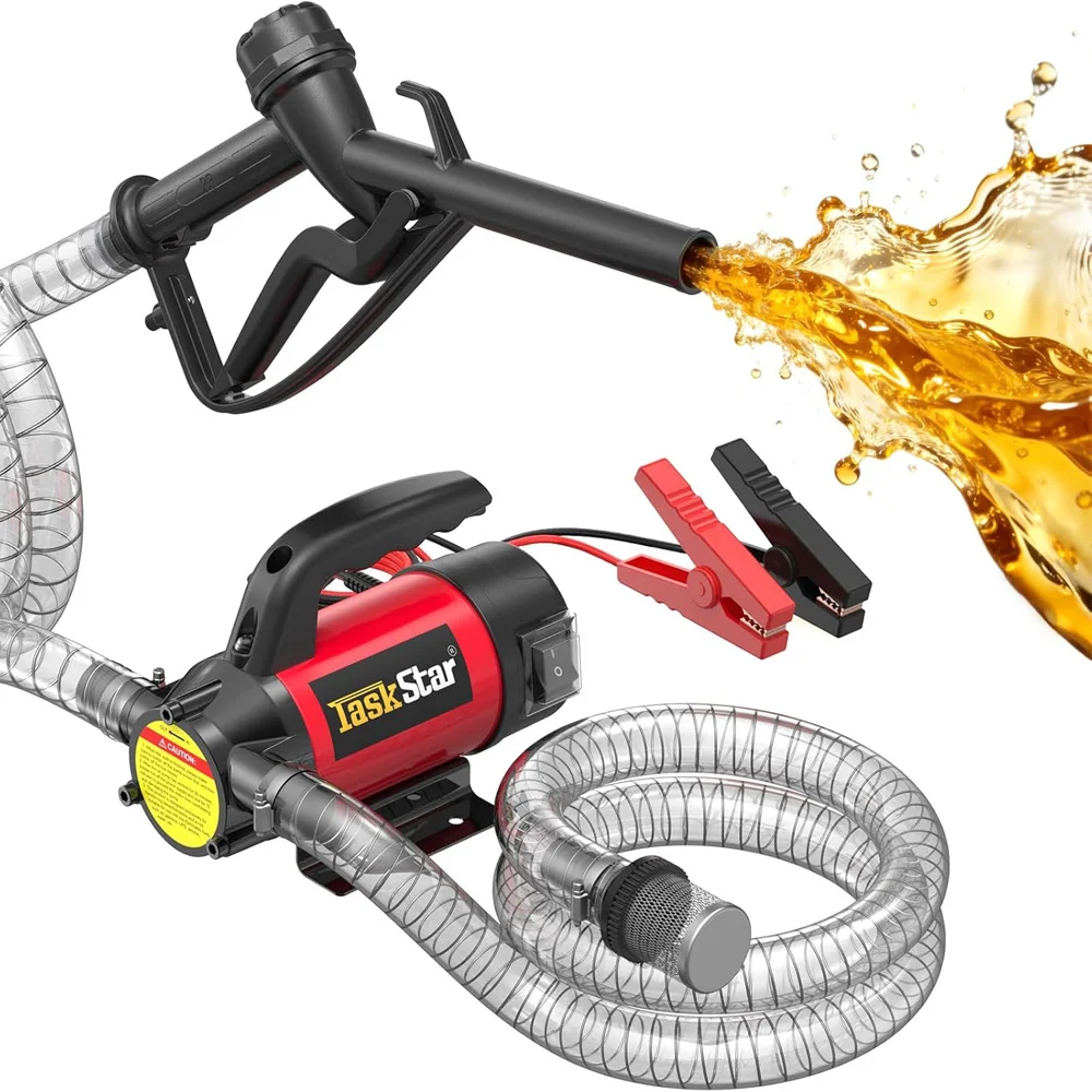 TaskStar Elektrische Diesel-Pumpe 12V 50 L/min Kraftstoff-Transferpumpe mit Kraftstoffdüse und Schläuchen für Diesel-Transformatoröl, tragbare selbstansaugende Pumpe für Traktor, LKW, Boot