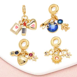 OCESRIO Pink Enamel Heart Pendant for Necklaces Copper Gold Plated Blue Earth Boy Girl Couple Jewelry Making Component pdtb681