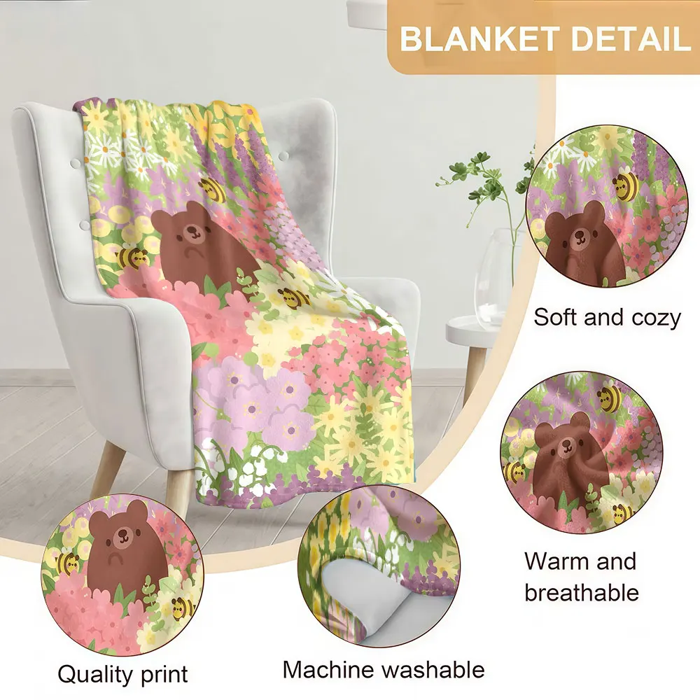 bear bee flower garden Soft Warm Flannel Blanket Lightweight Cozy Christmas Halloween Home Decor Room
