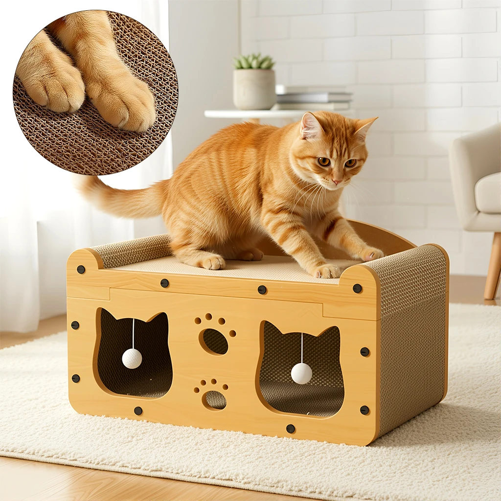 Griffoir 2-en-1 pour chat avec maisonnette, robuste, protection de meubles, pratique pour le tranchage des griffes, cadeau durable avec fonctions de sommeil