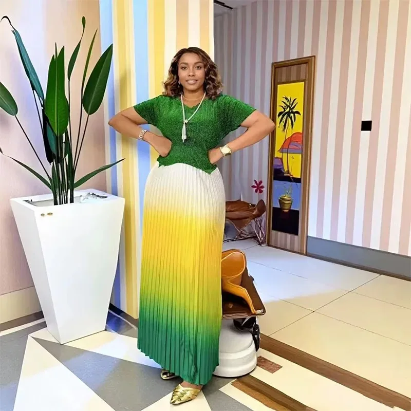 Dashiki African Clothes for Women Spring Autumn Africa Short Sleeve 2 Piece Top Long Pleated Skirt Matching Sets Africa Clothing