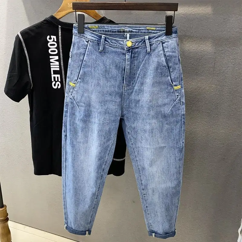 Primavera verão solto cone calças masculinas pés pequenos magro-encaixe calças de cor clara simples baggy street wear jeans homem jeans