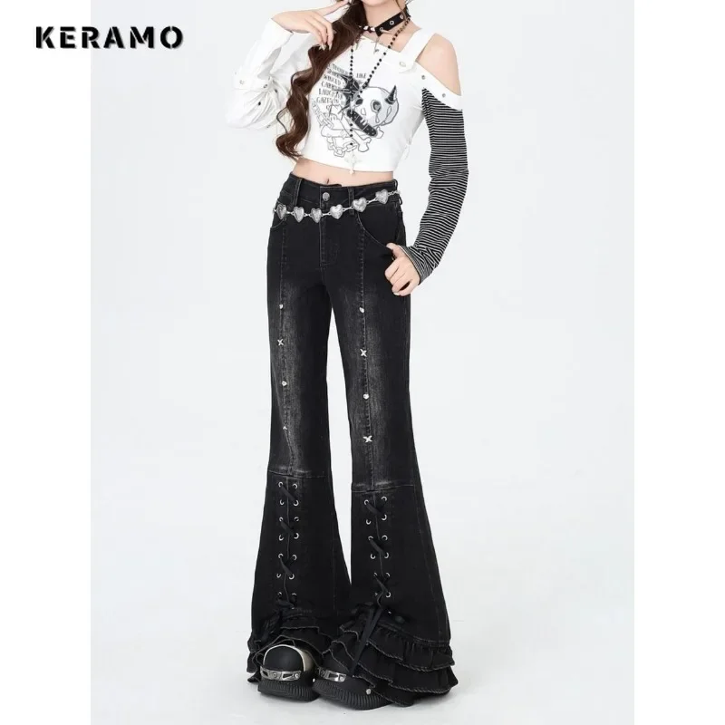 2024 Autumn Harajuku Sheath High Waist Jeans Female Retro Y2K Belted Design Flared Pants Women's Vintage Slim Fit Denim Trouser