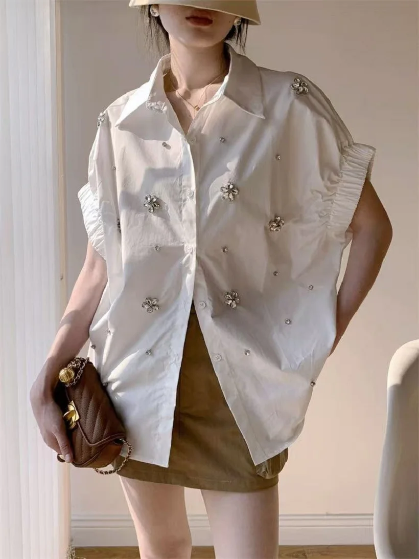 Luxury Design Sparkle Diamonds Embroidery Cotton Short Sleeve Blouses Shirts Women 2025 Spring Summer New Fashion Trend Tops - Image 2