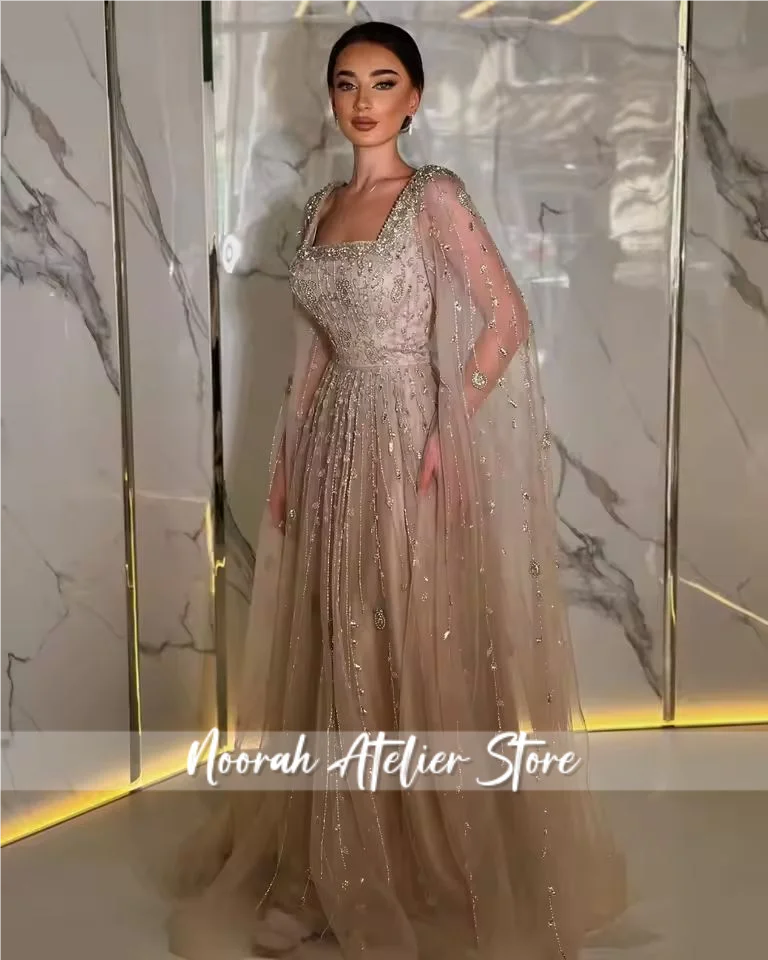 Nuovi abiti da sera da donna di alta qualità di lusso con maniche lunghe in rilievo con colletto quadrato 2025 Elegante abito da festa di nozze personalizzato