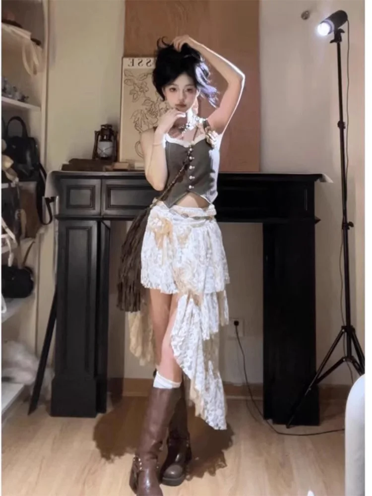 

Женская весенняя юбка миди А-силуэта с 3D цветами и асимметричным кружевом, с высокой талией, в стиле ретро, многоярусная, короткая юбка-полусолнце