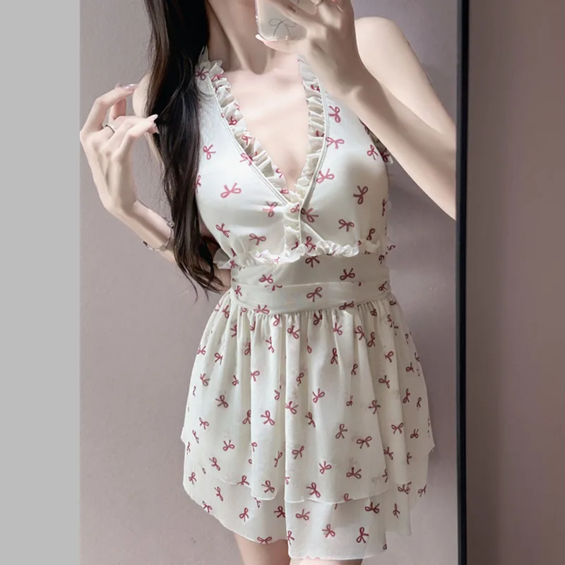 One Piece Swimsuit Swimming Suit for Women New Fashion Retro Japanese Style Backless Simple High-Waisted Beach Vacation Dress