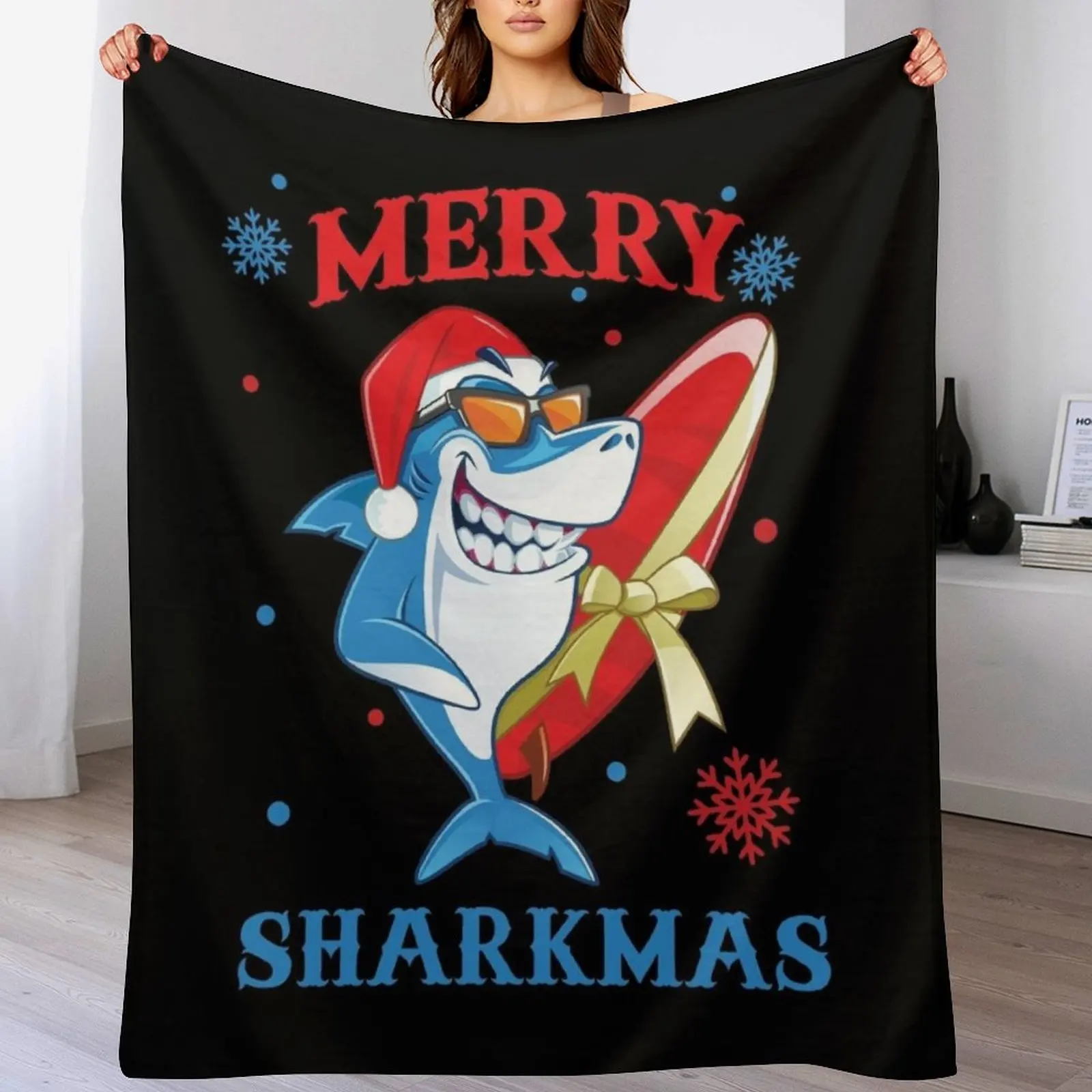 

Merry Sharkmas Funny Santa Shark Christmas Throw Blanket warm winter Summer Beddings Vintage Plaid on the sofa Blankets