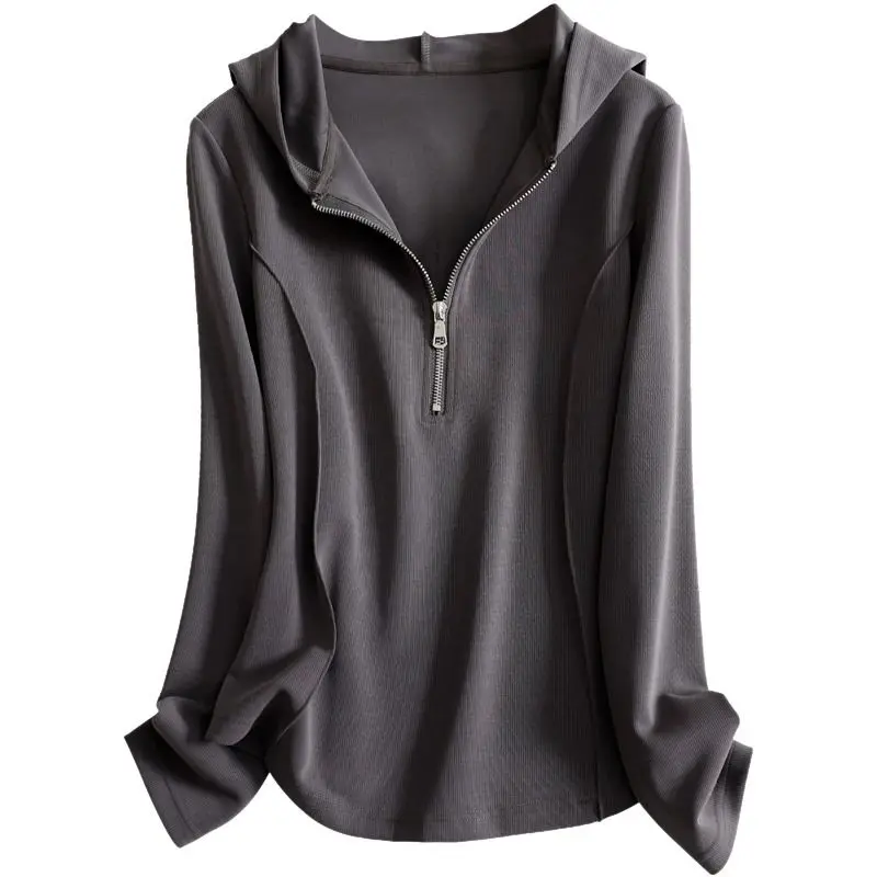 Zipper Patchwork Plus Größe Casual Mit Kapuze Sweatshirt Frühling Herbst Lange Hülse Lose Mode Tops Vintage Trend Frauen Kleidung