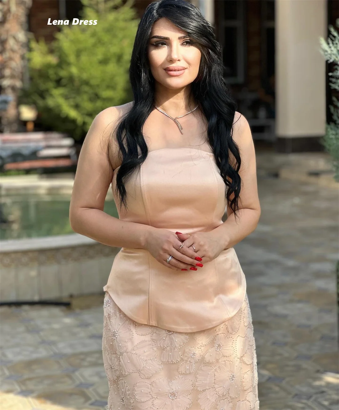 فساتين سهرة لينا فساتين حفلات أنيقة للنساء فستان سهرة نسائي فاخر بدون أكمام وردي مخصص من الدانتيل الزهري