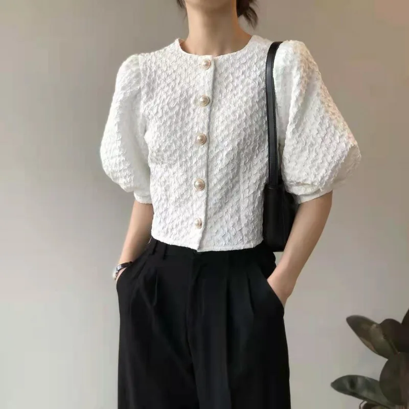 2024 Spring/Summer New Folded Bubble Sleeves Small Fragrance Style Shirt Short Sleeve Cardigan Short Top Women