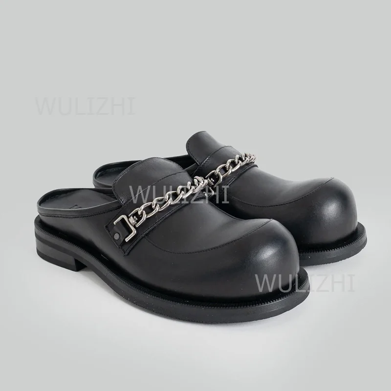 

Silver Metal Chain Beaded Black Leather Slippers Men Mules Derby Summer Outdoor Flat Shoes Slingback Fashion Sandals Sports Shoe